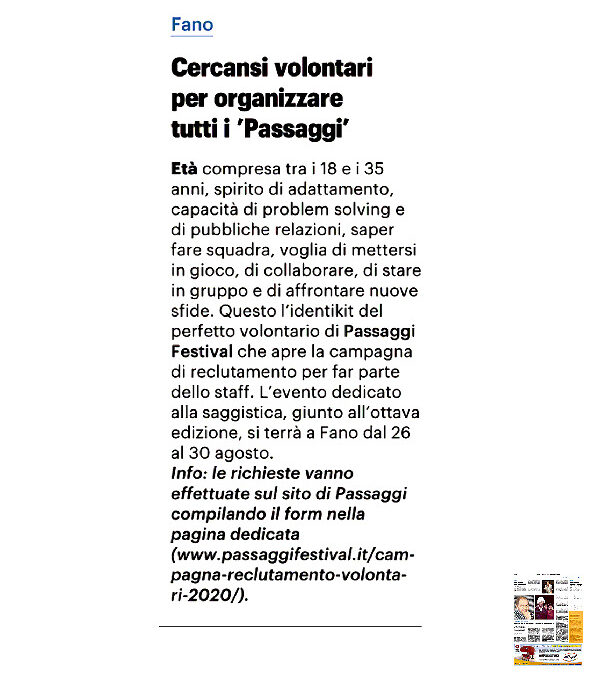 Il Resto del Carlino – Cercansi volontari per organizzare tutti i ‘Passaggi’