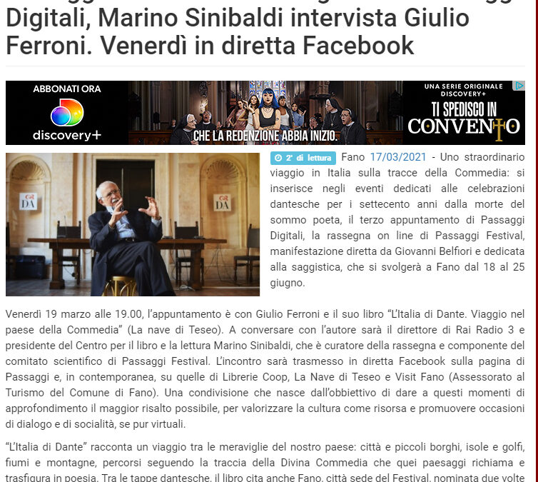 Vivere Fano – In viaggio con Dante come guida: Passaggi Digitali, Marino Sinibaldi intervista Giulio Ferroni