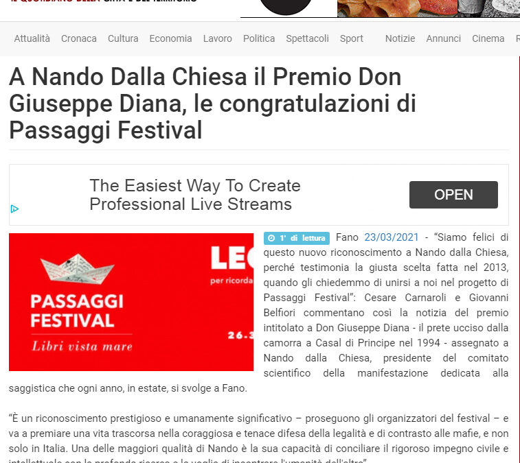 Vivere Fano – A Nando Dalla Chiesa il Premio Don Giuseppe Diana, le congratulazioni di Passaggi Festival