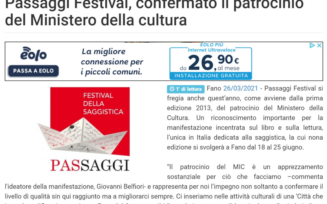 Vivere Fano – Passaggi Festival, confermato il patrocinio del Ministero della cultura