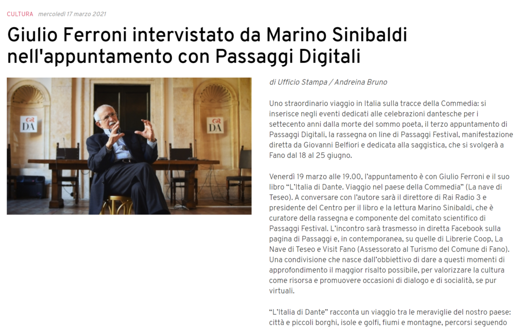 Primo Comunicazione – Giulio Ferroni intervistato da Marino Sinibaldi nell’appuntamento con Passaggi Digitali