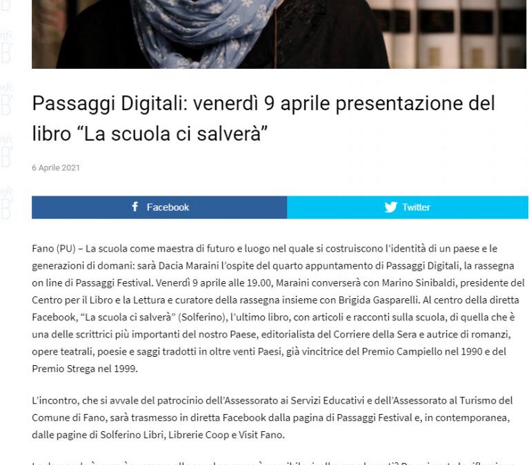 Fano Informa – Passaggi Digitali: venerdì 9 aprile presentazione del libro ‘La scuola ci salverà’