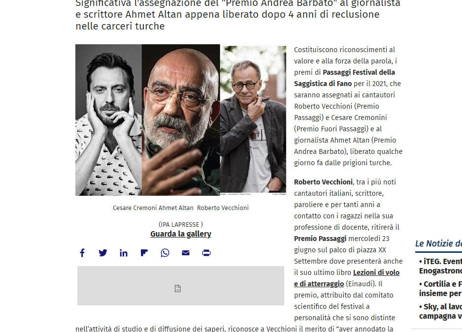 Affari Italiani – Premi di Passaggi Festival a Roberto Vecchioni, Ahmet Altan e Cesare Cremonini