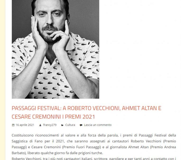 Spettacolo Musica Sport – Passaggi Festival: a Roberto Vecchioni, Ahmet Altan e Cesare Cremonini i premi 2021