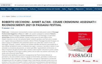 AISE – Roberto Vecchioni – Ahmet Altan – Cesare Cremonini: Assegnati i riconoscimenti 2021 di Passaggi Festival