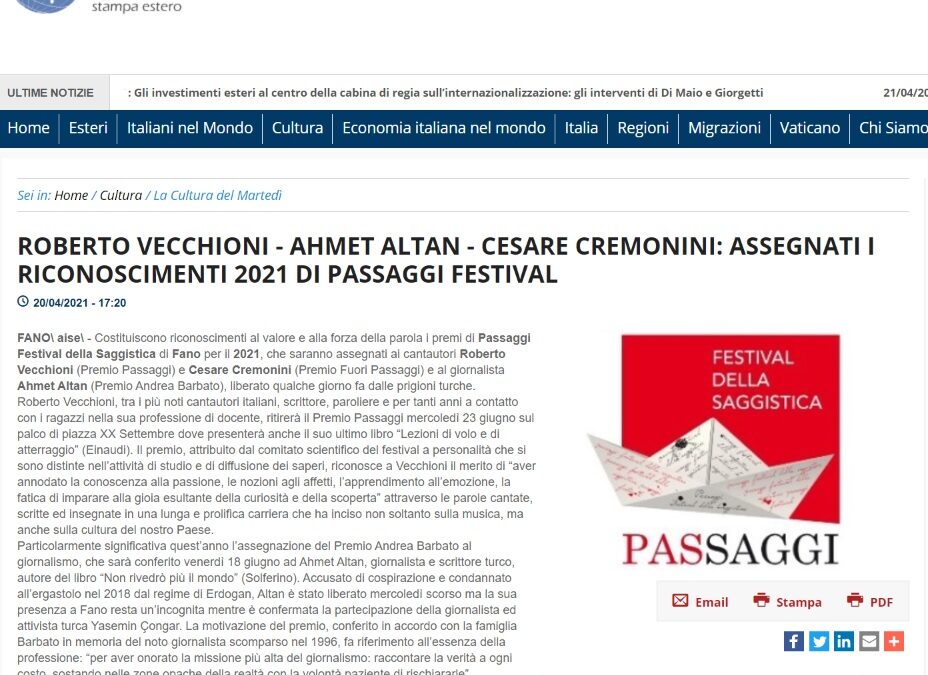 AISE – Roberto Vecchioni – Ahmet Altan – Cesare Cremonini: Assegnati i riconoscimenti 2021 di Passaggi Festival