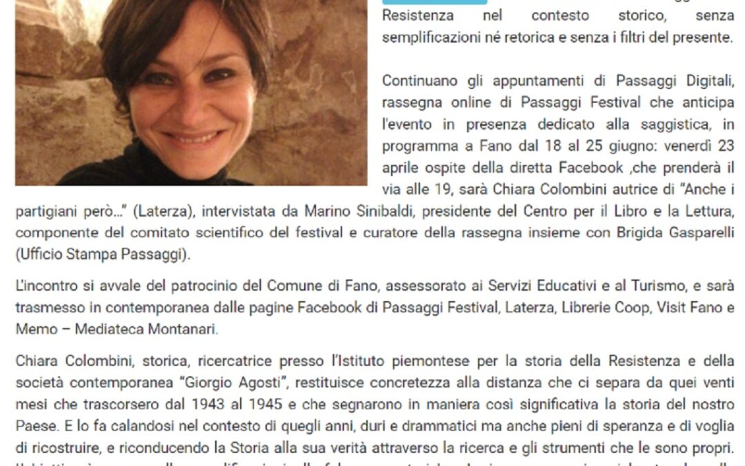 Vivere Fano – A Passaggi digitali, Chiara Colombini e Marino Sinibaldi venerdì in diretta Facebook