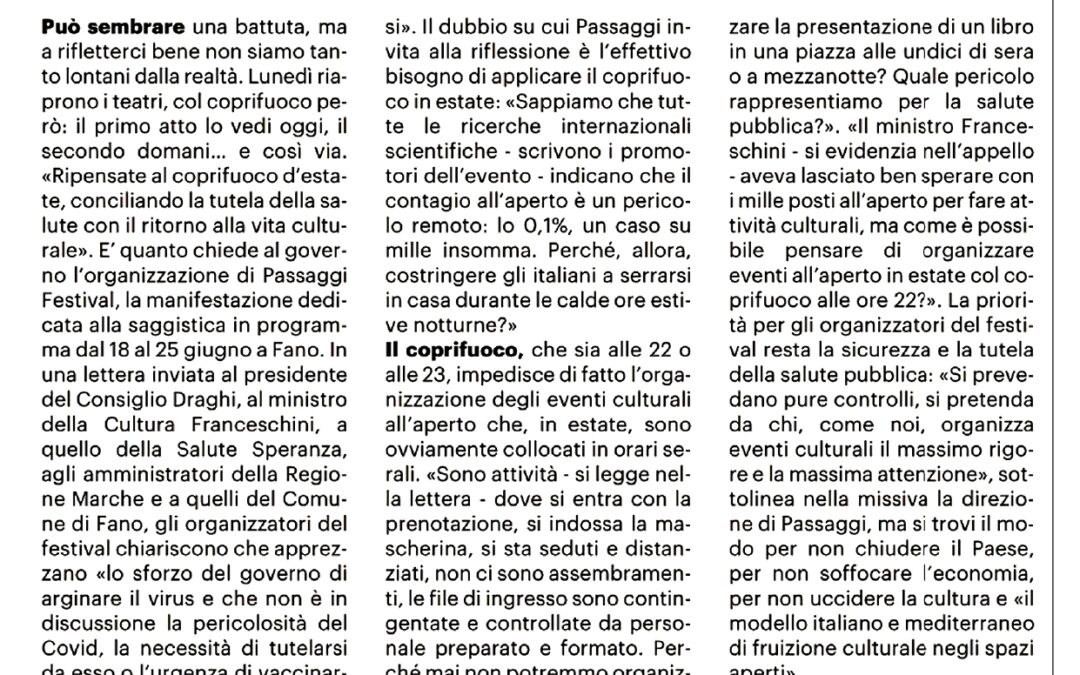 Il Resto del Carlino – Coprifuoco d’estate, ‘Passaggi’ scrive al Governo