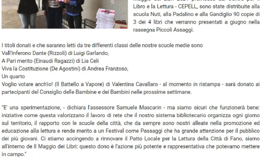 Vivere Fano – Il Comune e Passaggi Festival consegnano libri alle scuole Secondarie di primo grado e al Consiglio delle Bambine e dei Bambini