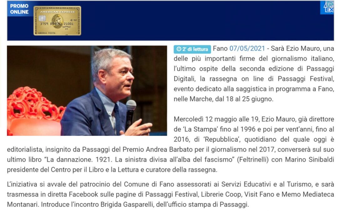 Vivere Fano – Passaggi Digitali: Ezio Mauro conversa con Marino Sinibaldi. Mercoledì in diretta facebook