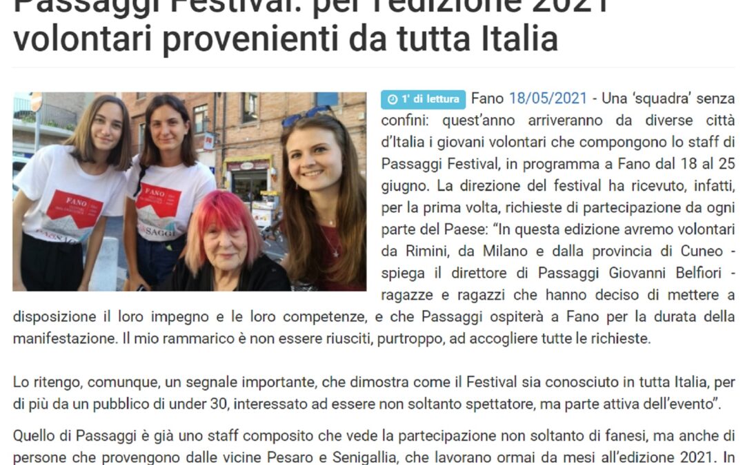 Vivere Fano – Passaggi Festival: per l’edizione 2021 volontari provenienti da tutta Italia