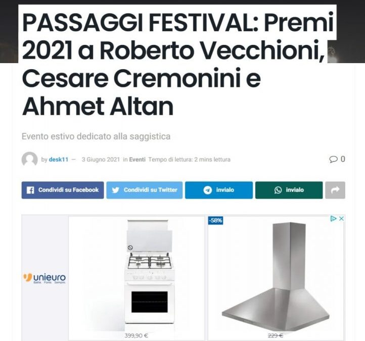 Corriere Quotidiano – Passaggi Festival: premi 2021 a Roberto Vecchioni, Cesare Cremonini e Ahmet Altan