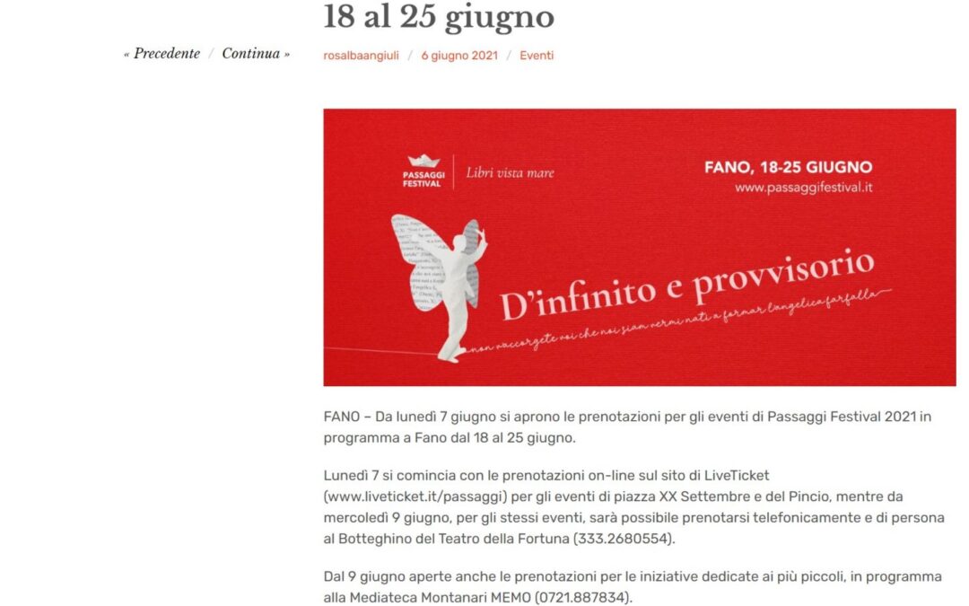 Pesaro Notizie.com – Da lunedì 7 giugno si aprono le prenotazioni per gli eventi di Passaggi Festival 2021 in programma a Fano dal 18 al 25 giugno