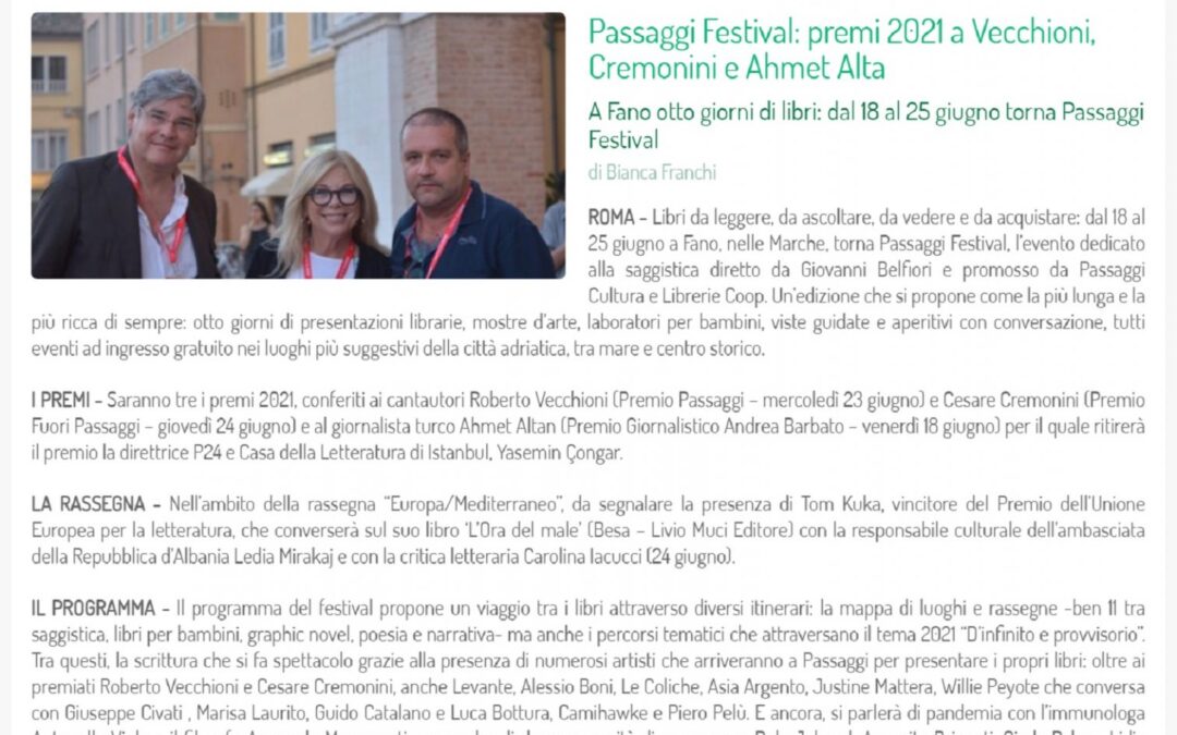 Cronaca Diretta – Passaggi Festival: premi 2021 a Vecchioni, Cremonini e Ahmet Altan