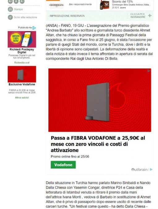 ANSA.it – Passaggi Festival, premio ‘Barbato’ a giornalista turco Altan