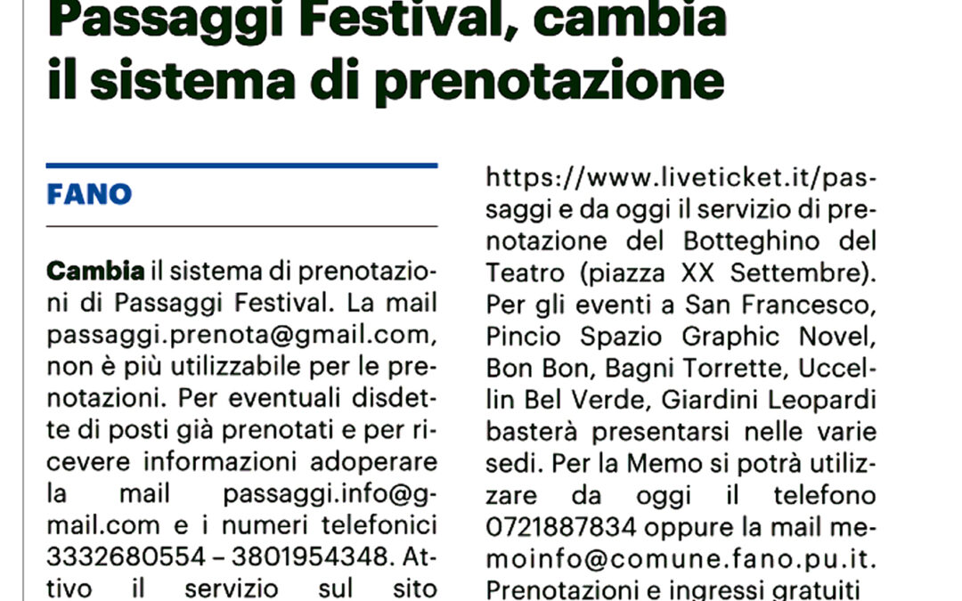 Il Resto del Carlino, Passaggi Festival cambia il sistema di prenotazione