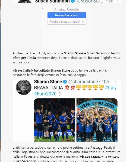 Oltre Brescia – “Brava Italia” e “Grazie ragazzi”, i tweet di Sharon Stone e Susan Sarandon