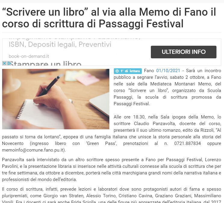 Vivere Fano – “Scrivere un libro” al via alla Memo di Fano il corso di scrittura di Passaggi Festival