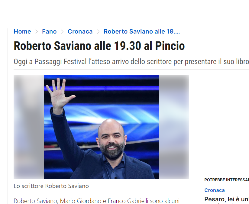 Il Resto del Carlino – Roberto Saviano alle 19:30 al Pincio