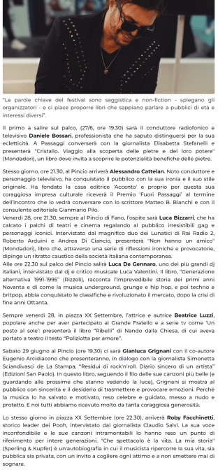 Vivere Fano-Lo spettacolo a Passaggi: ci saranno anche Gianluca Grignani, Alessandro Cattelan, Roby Facchinetti, Luca Bizzarri, Riccardo Rossi e Daniele Bossari