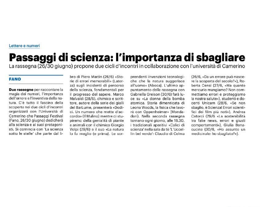 Il Resto del Carlino-Passaggi di scienza: l’importanza di sbagliare