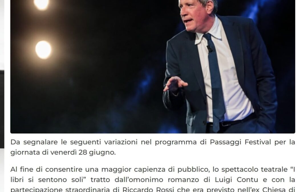 Vivere Fano-Passaggi Festival, lo spettacolo con Riccardo Rossi si sposta al Pincio. Luca de Gennaro al Chiostro delle Benedettine