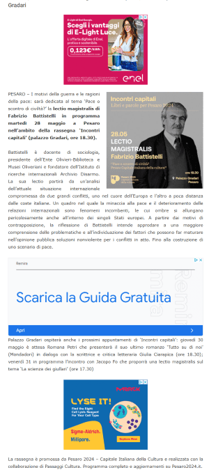 MarcheNews24-Pesaro, il 28 maggio lectio magistralis di Fabrizio Battistelli