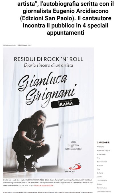 Zarabazà-Gianluca Grignani: in libreria e negli store digitali “RESIDUI DI ROCK’N’ROLL-Diario di un artista” l’autobiografia scritta con il giornalista Eugenio Arcidiacono (Edizioni San Paolo). Il cantautore incontra il pubblico in 4 speciali appuntamenti