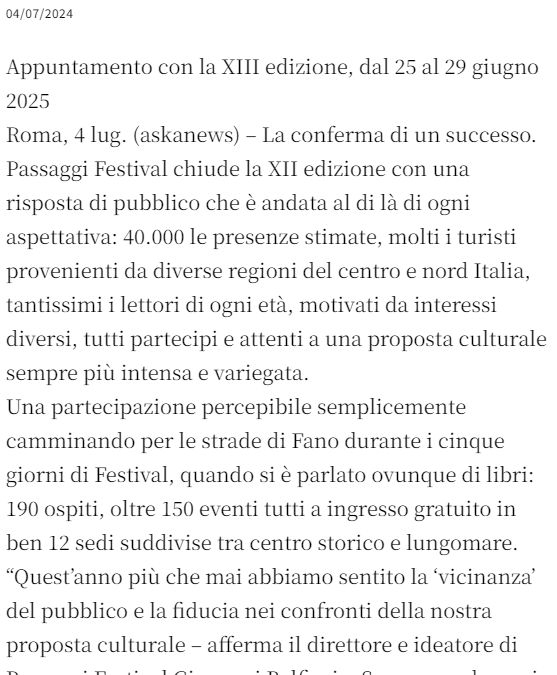 Corriere di Palermo-“Passaggi Festival”: 40.000 presenze a Fano, aumenta flusso turismo culturale