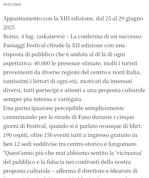 Gazzetta di Genova-“Passaggi Festival”: 40.000 presenze a Fano, aumenta flusso turismo culturale