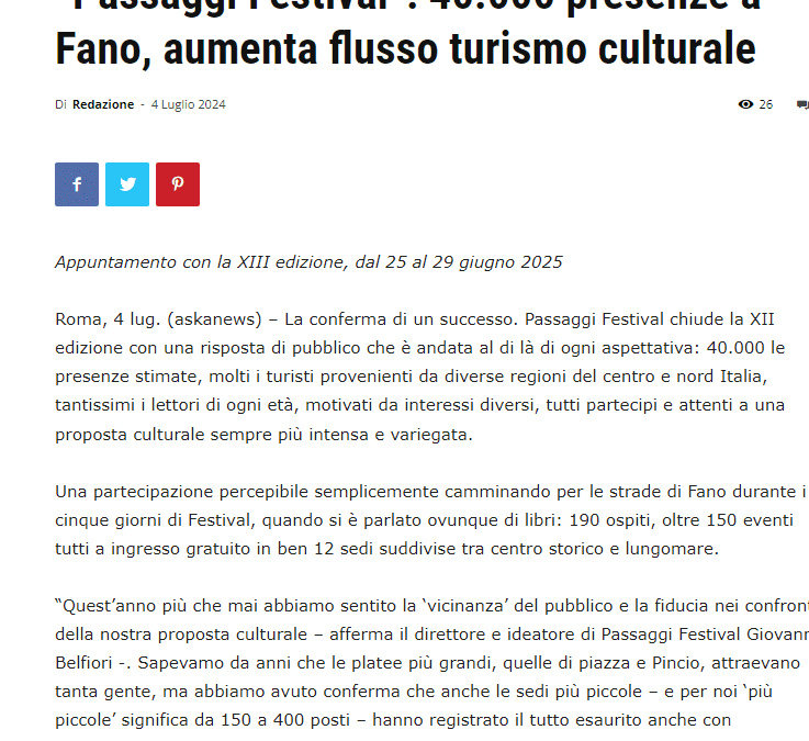 Buone Notizie Da Napoli-“Passaggi Festival”: 40.000 presenze a Fano, aumenta flusso turismo culturale